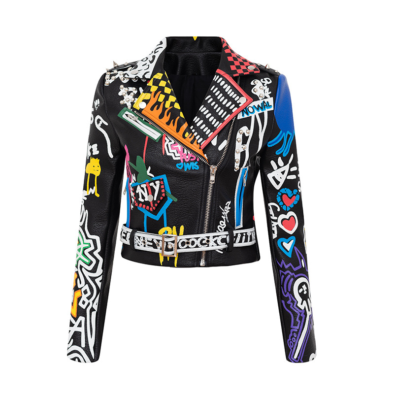 

Rivet beading Pu Leather Jacket Women Graffiti Colorful Print Biker Jackets and Coats PUNK Streetwear