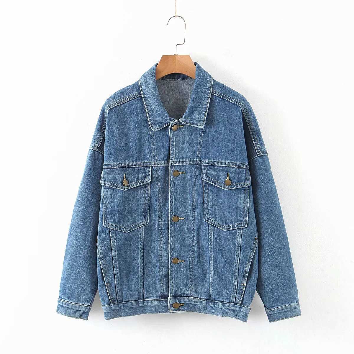 

Vintage Women Jean Jackets Autumn Winter Blue Oversize Denim Washed Coat Turn Down Collar Pocket Loose Outwear 210526, Dark blue