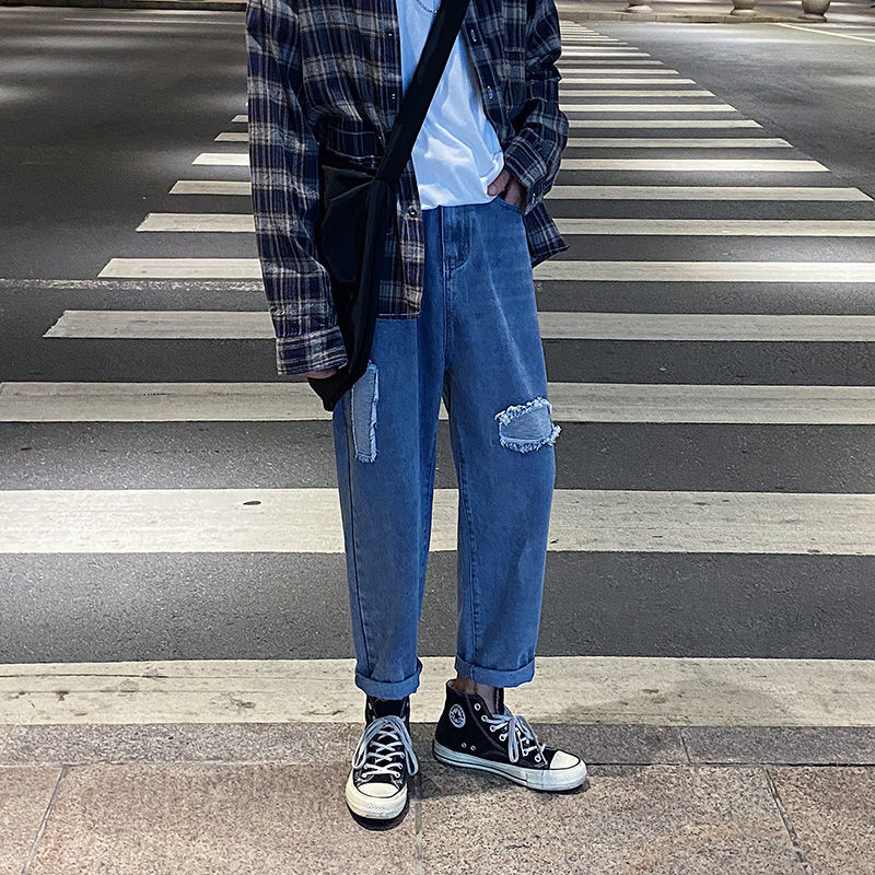 

2021 New Men's Stitching Cloth Design Biker Denim Trousers Loose Youth Fashion Straight Casual Pants Stretch Slim Fit Jeans S-3xl 3r9e, Black