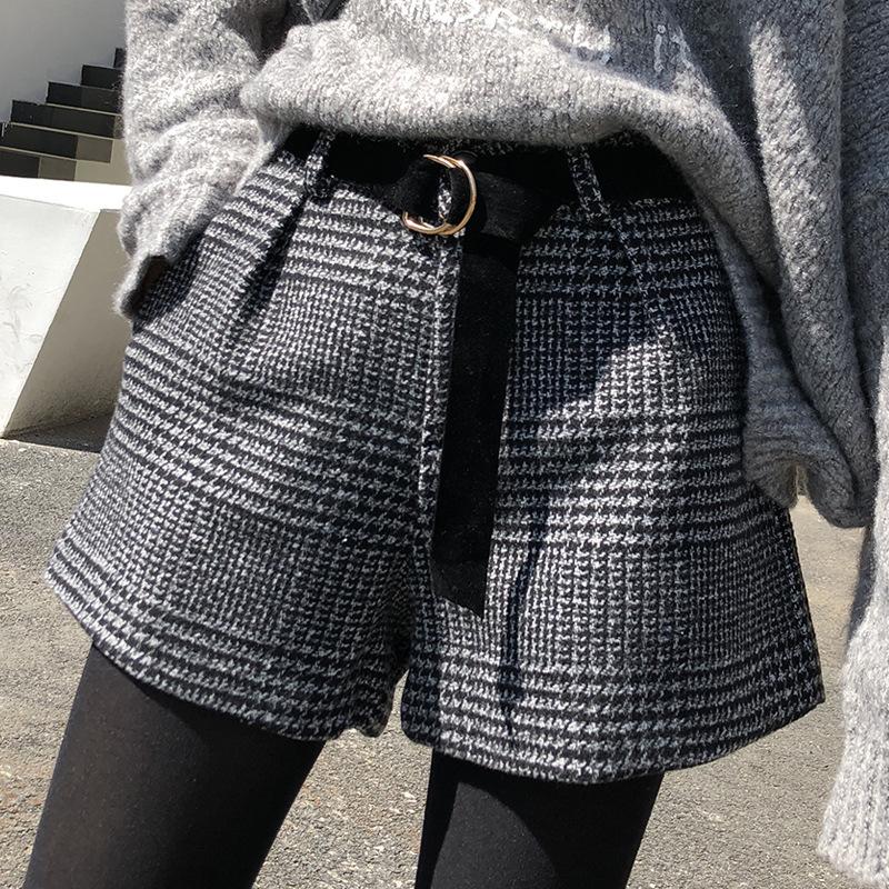 

Women' Shorts 2021 Autumn Winter Wool High Waisted For Women Korean Plaid Wide Leg Femme Casual Loose Boots Womens, Khaki