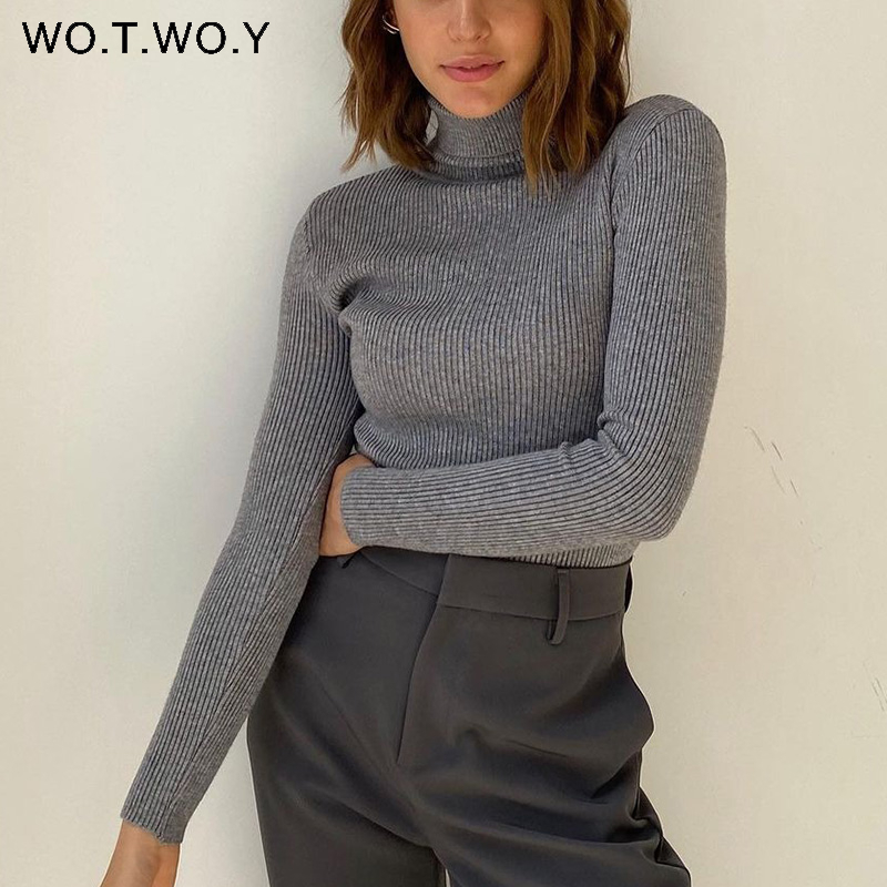 

WOTWOY Ribbed Knitted Turtlene Sweater Women Autumn Winter Slim Fit Basic Pullover Female Long Sleeve Bla White Jumper, Sky blue