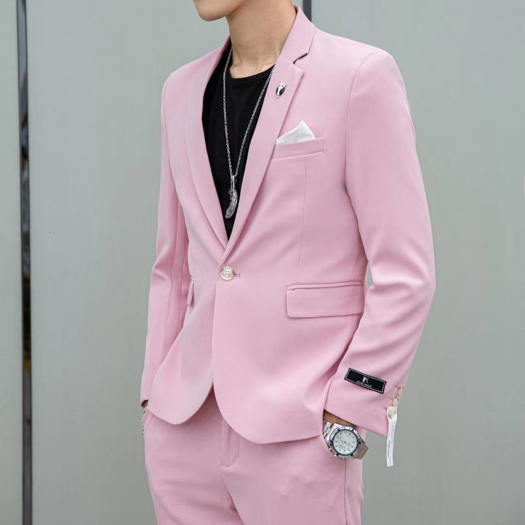 

2021 New Spring Korean Blazer High Quality Wedding Suit 2 Pieces Costume Homme Mariage Pink Slim Trajes De Boda Para 2p6u