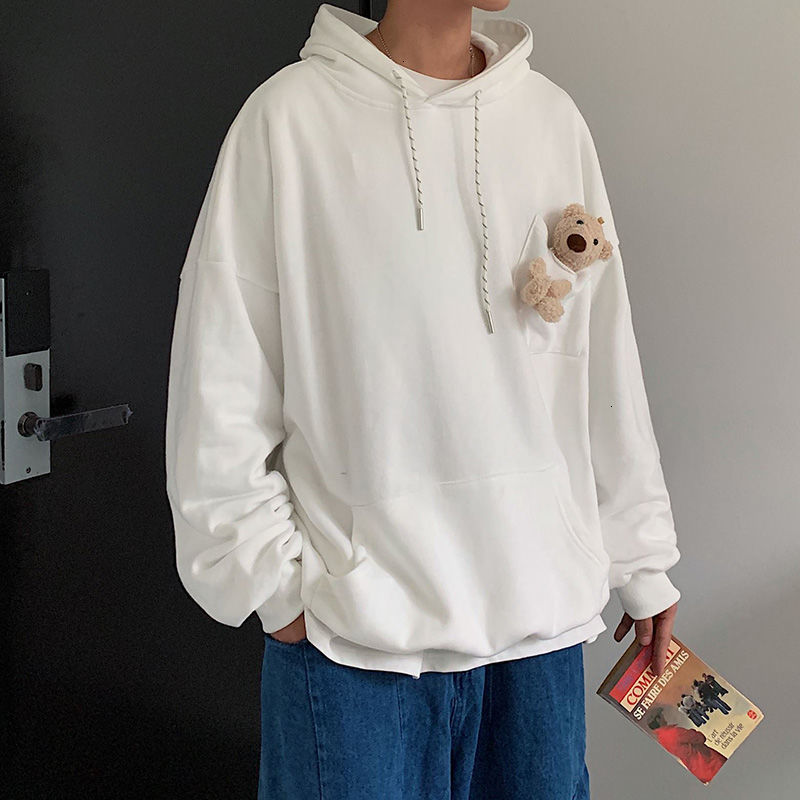 

2021 New Couple Style Men's Fashion Bear Decoration Hooded Hoodies Cotton Clothes Sweatshirts Casual Loose Pullover 4 Color Coats Xua3, Women black