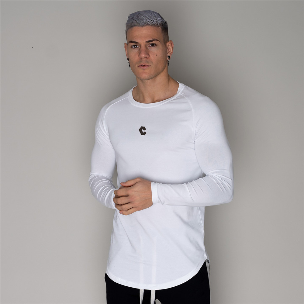 

2021 Casual Long Sleeves t Shirt Men Gym Fitness T-shirt Male Training Workout Cotton Slim Tees Tops Autumn New White Fashion Clothes Xguf