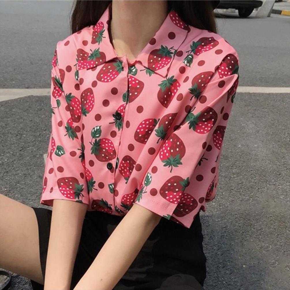 

fashion short sleeve strawberry womens blouses print single breasted clothing woman blouse and, White
