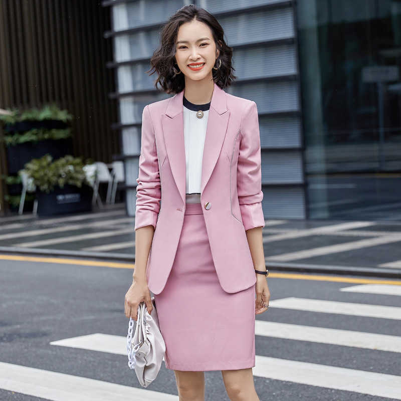 

Professional women skirt suit office two-piece high quality autumn long sleeve ladies jacket Slim waist elegant 210527, Blazer skirt c