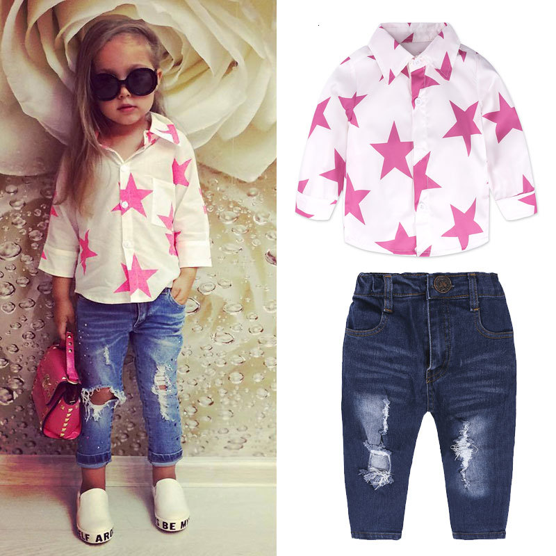 

2021 New Top Toddler Girl Sets Spring Girls Clothes Set Cotton Long Sleeve Shirt+jeans 2 Piece Fashion Children Clothing Suit 1uwl, As picture