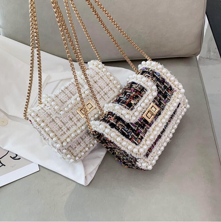 

Factory wholesale women handbag winter colorful woolen chain bags sweet and lovely Pearl edging womens clutch bag leather fashion handbags