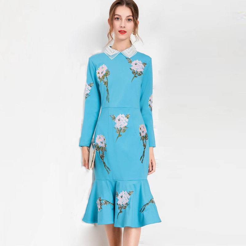 

Women' Dresses Turn Down Collar Long Sleeves Embroidery Beaded Rhinestones Ruffles Mermaid Dress Vestidos, Black