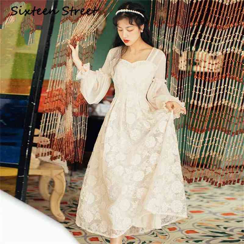 

Full Sleeve Fairy Midi Fit and Flare Square Collar Evening Party Dresses Beige Lace Long Women Dress Elegant Summer 210603, Blue