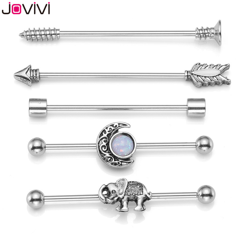 Jovivi 14G Stainless Steel Moon Elephant Arrow Charms Industrial Barbell Earring Cartilage Body Piercing Ear Jewelry 5 pcs-image-705760050