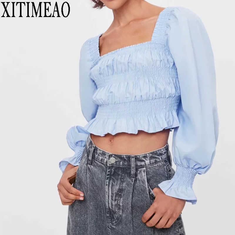 

ZA Women Fashion Vintage Sweet Solid Square Collar Shirt Long Sleeve Elastic Female Shirts Chic Short Tops 210604, Blue