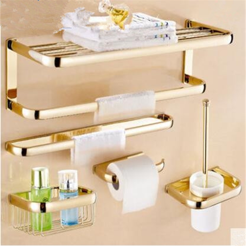 

2021 New Brass Accessories Set, Gold Square Paper Holder,towel Bar,soap Basket,towel Rack,glass Shelf Bathroom Hardware Set Z4at