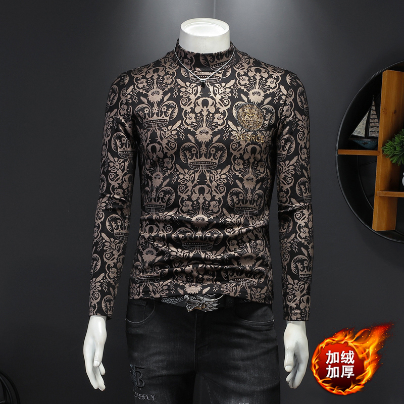 

2023 autumn and winter new printed tops turtleneck men's long-sleeved t-shirts cotton slim fit with elastic warm bottoming shirts, Black