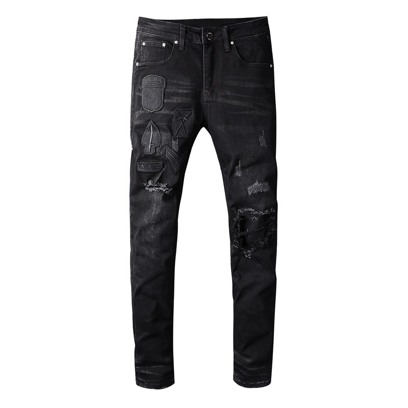 

2021 New Large Size 28-40 Fashion Streetwear Men's Black Badge Embroidery Ripped Slim Fit Designer Denim Pants Jeans Male Qd51