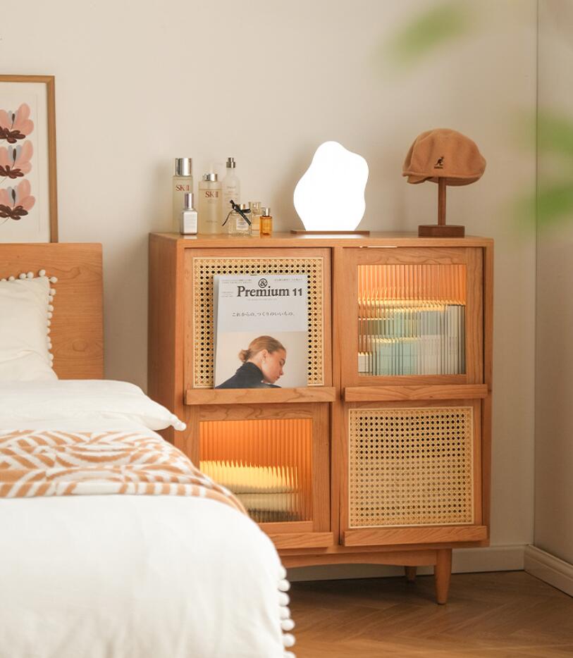 Solid wood bookcase Bedroom Furniture apartment glass rattan storage magazine cabinet simple modern household SIDEBOARD CABINETS-image-663044422