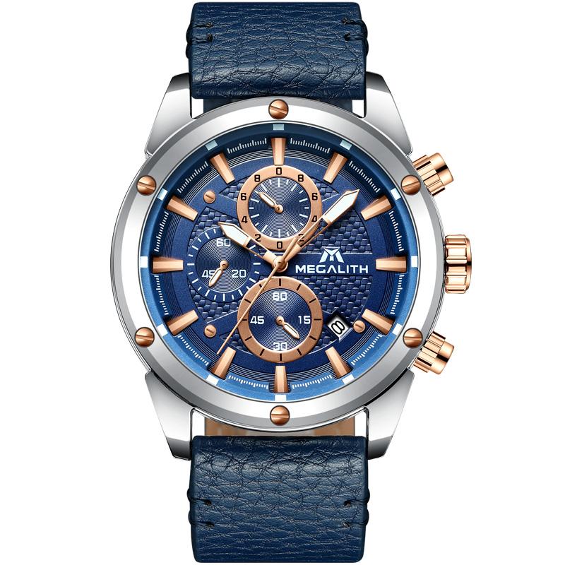 

Wristwatches MEGALITH Men's Luxury Watches Waterproof Sports Military Watch With Chronograph Blue Silicone Quartz Relogio Masculino, Leather blue 8004