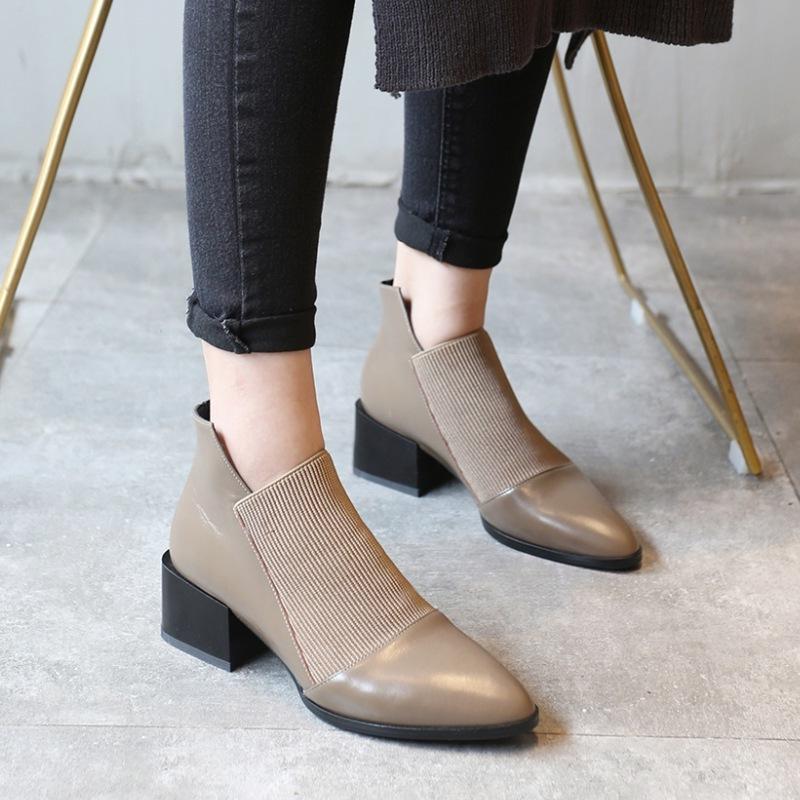 

medium-heeled comfortable all-match short boots Genuine Leather pointed thick-heeled size, Khaki leather