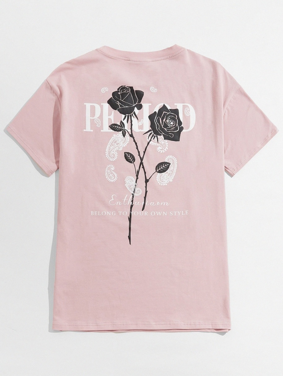 

Men Letter & Rose Print Tee M9O8#, Dusty pink