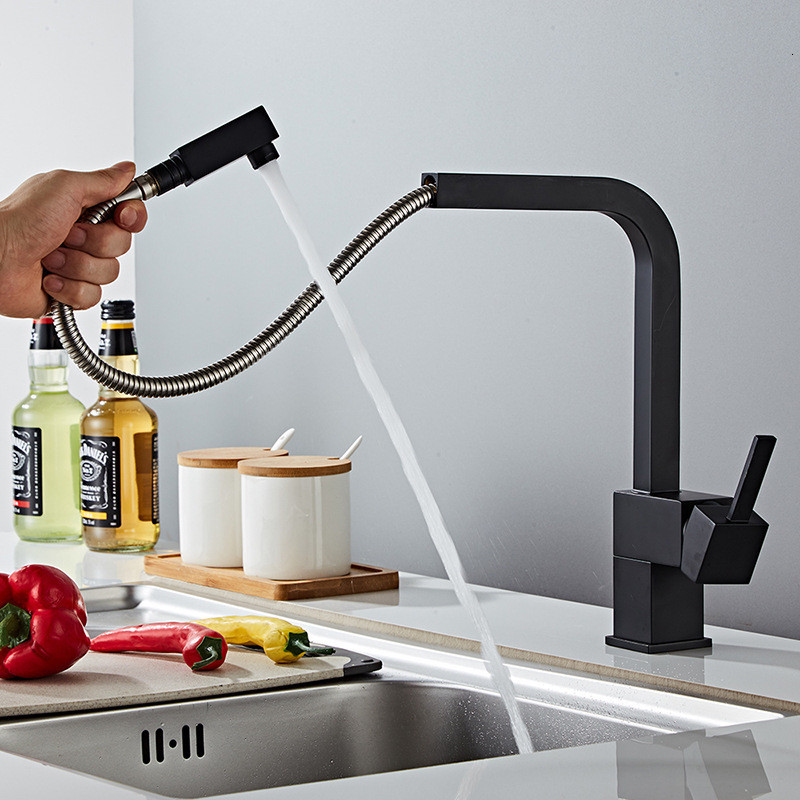 

2021 New Faucets Black Pull Out Kitchen Single Hole Rotating Brass Sink Faucet Water Mixer Tap T5qp