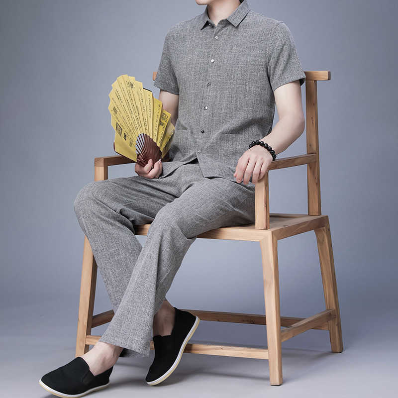 

men's summer suit cotton hemp short sleeve pants father's Plus oversized loose shirt, Stand collar blue grey