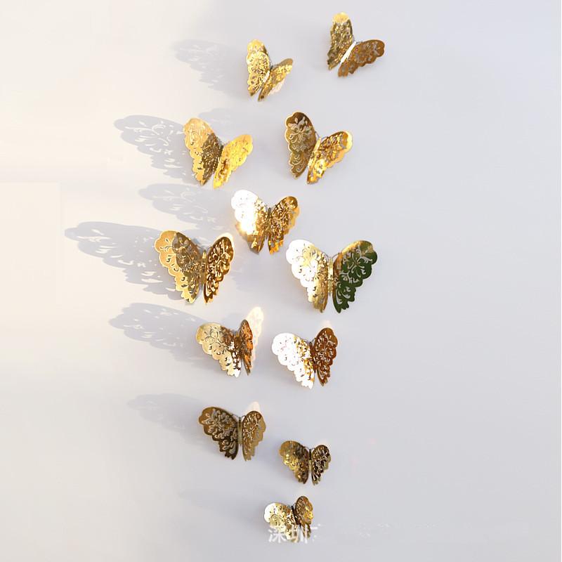 

Wall Stickers 12pcs/lot 3D Metal Golden Buterfly Hollow Out Design Butterfly Decoration Home Living Room Magnet Fridge
