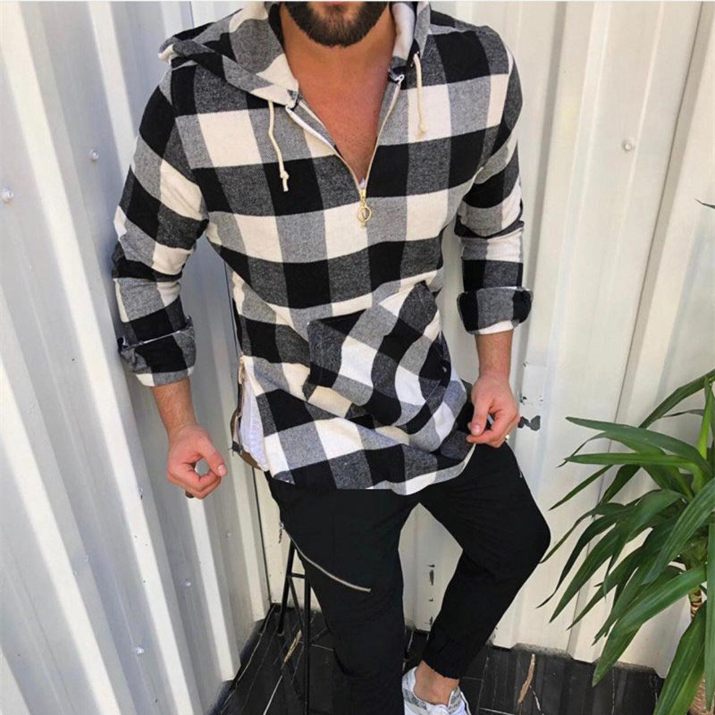 

2021 Vintage Black White Plaid Autumn Men Long Sleeve Hooded Shirt Mens Casual Loose Pullover Shirts Man Koszula Ezk1, Dark grey