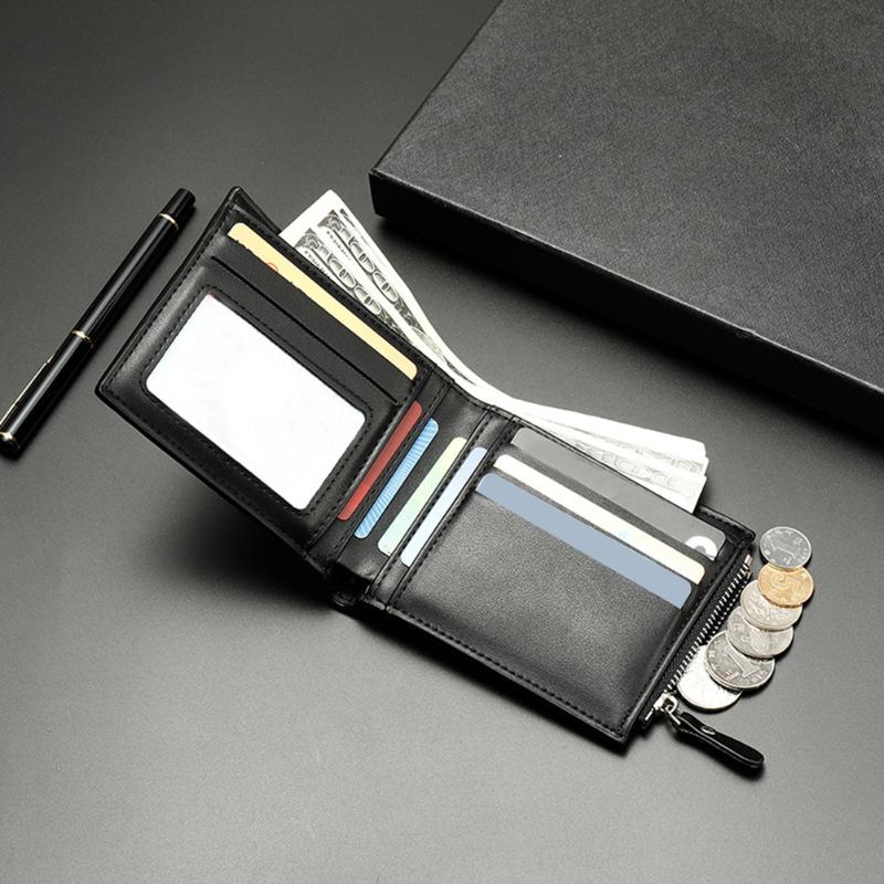 

Casual Men Leather Short Purse Coin Wallet Men Purse Coin Pouch Solid Color Multi-slots Card Holder Money Wallet, Black