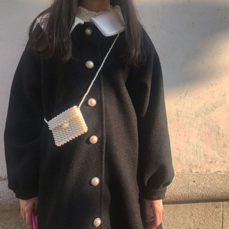 

Women' Wool & Blends Kawaii Japanese Student Ruched Lantern Sleeve Sweet Harajuku All-match Girls Streetwear Woolen Women Purple Winter Lon, Black