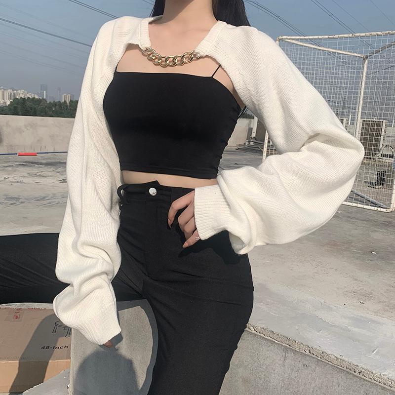 

Women's Sweaters Women Solid Color Sweater With Chain Fashion Long Sleeve Knitted Crop Tops Spring Loose Autumn Pullover 2022 Sreetwear, White;black