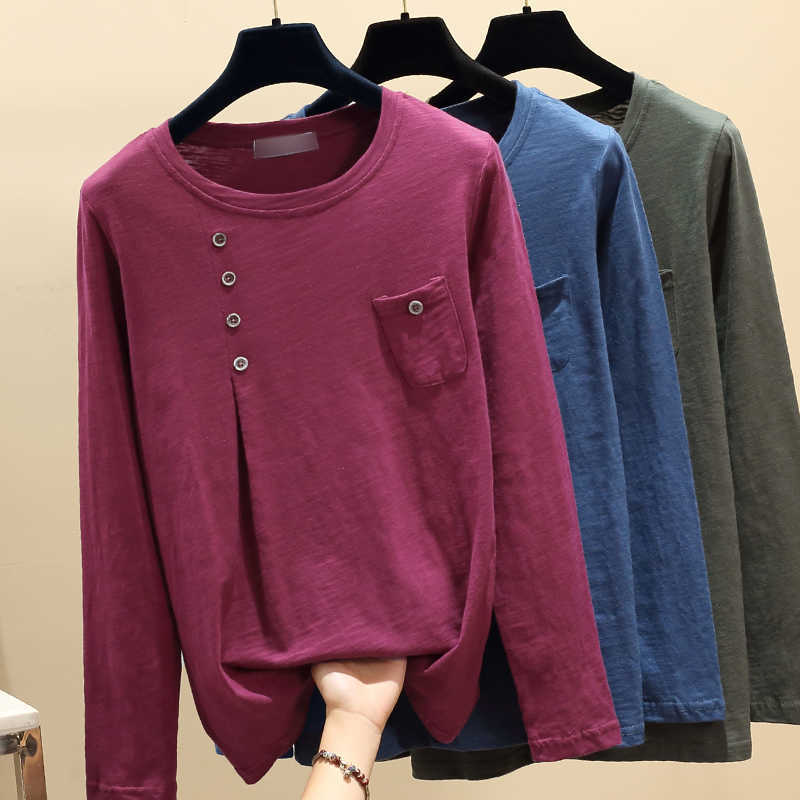 

Women Casual Button T-Shirt Fashion Korea Round Neck T shirt Cotton Long Sleeve Pocket Plus Size Tops XXL 210604, Blue