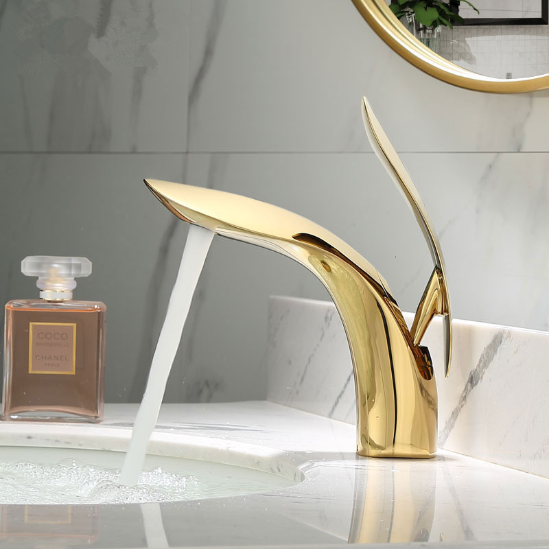 

2021 New Faucets Gold Brass Bathroom Single Handle Basin Mixer Bath Faucet Copper Leaf Shape Sink Water Crane Tap G3xd