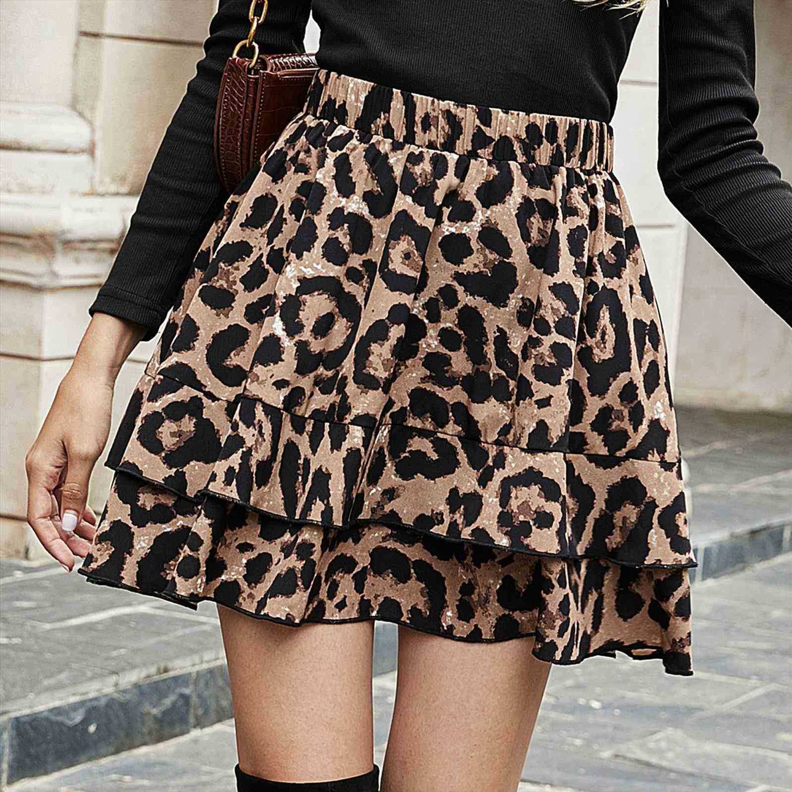 

4 vintage leopard print drape womens skirts ruffles high waist elastic band mini skirt leisure retro bud short jupe femme, Black