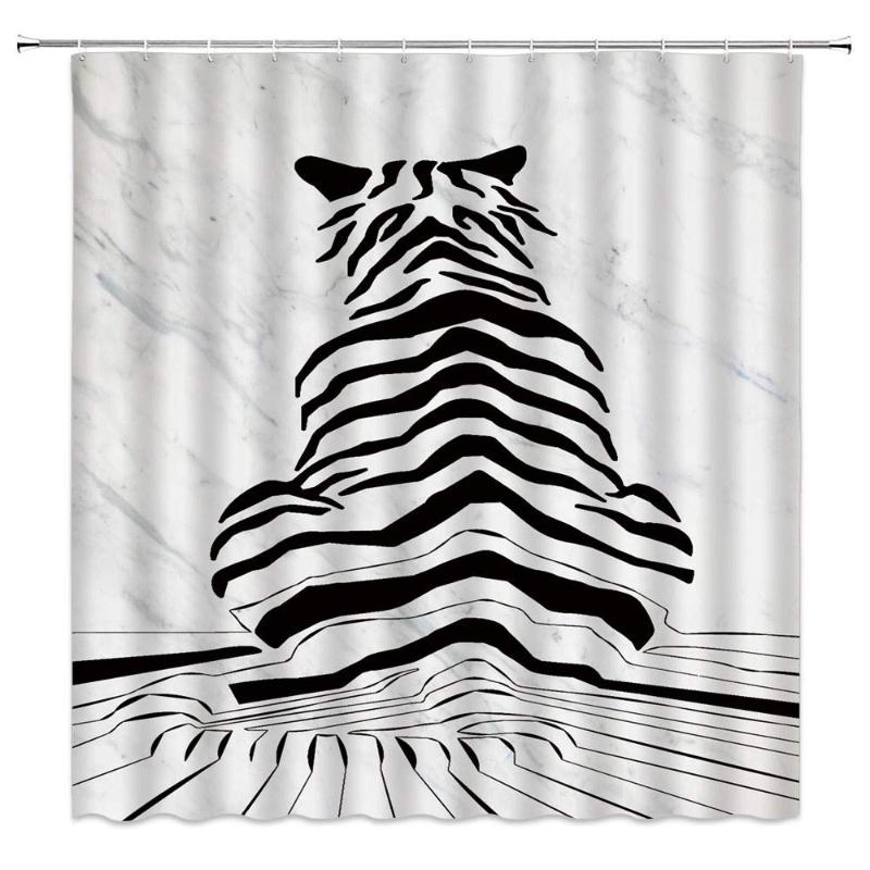 

Marble Animal Shower Curtain Funny Decor Abstract Tiger Back View Geometric Black and White Lines Fabric Bath Curtains Bathroom