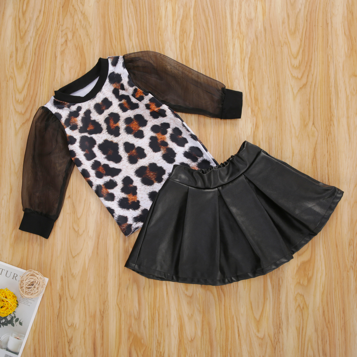

Fashion Girls Leopard Mesh Leopard Skirt Suit Girl See-through Sleeve Top and A-line Leather Skirt Kids Two Piece Set, Black