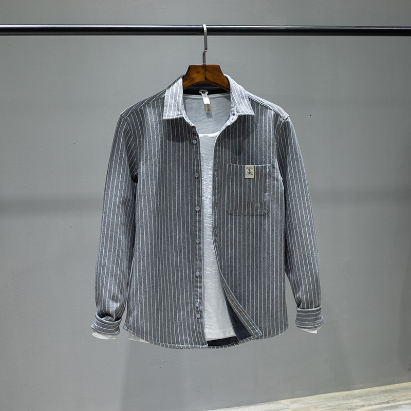 

2021 New Arrival Winter and Autumn Plus Veet Warm Stripe Fashion Casual Striped Shirts for Comfortable Shirt Men Rj15, Gray