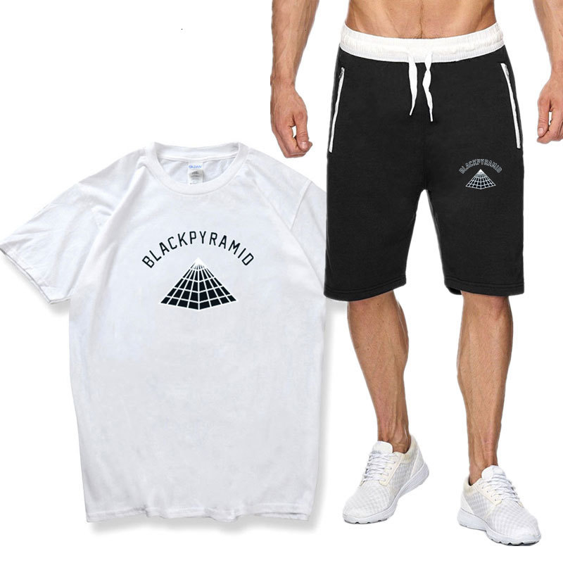 

2021 New Black Pyramid Tshirt Streetwear Cotton Summer Hip Hop Tracksuit Men Two Piece Set Sleeve Short Tops and Middle Shorts Etsm, Pink 1