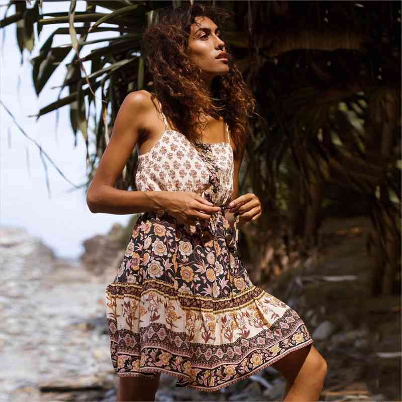 

Summer Mini Button Neck Women Dresses Adjust Straps Holiday Boho Beach Floral Print Vestidos, Black;gray