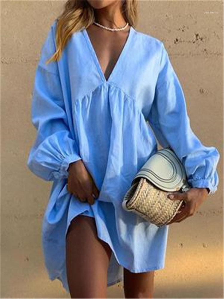 

Casual Dresses Autumn 2021 Fashion Women' V-neck Cotton Linen Long Sleeve Dress, Style1