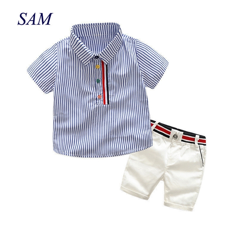 

Boys summer fashion clothing sets kids striped short-sleeved T-shirt + shorts 2 pcs suit gentleman clothes for children 210316, White
