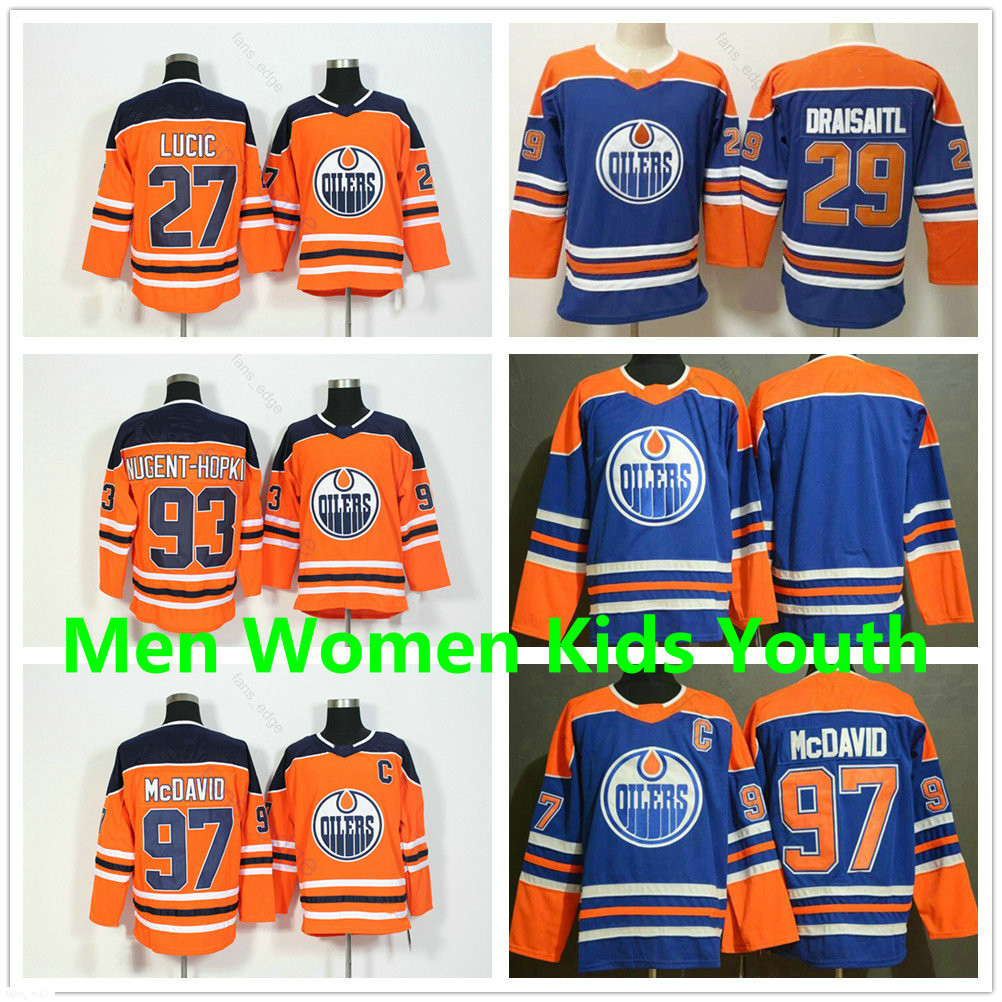 

Men Women Kids Youth Edmonton Oilers Hockey Jerseys 27 Milan Lucic 29 Leon Draisaitl 93 Ryan Nugent-Hopkins 97 McDavid Jersey, Black;red