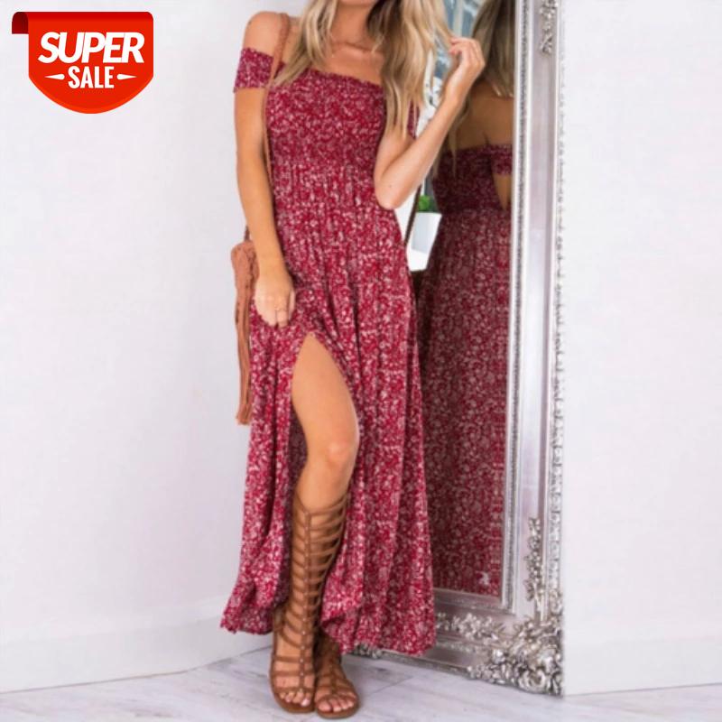 

New Fashion Women Boho Off shoulder High Waist Short Sleeve Maxi Dress Ladeis Summer Floral Beach Casual Long Sundress #Rh27, Black;gray