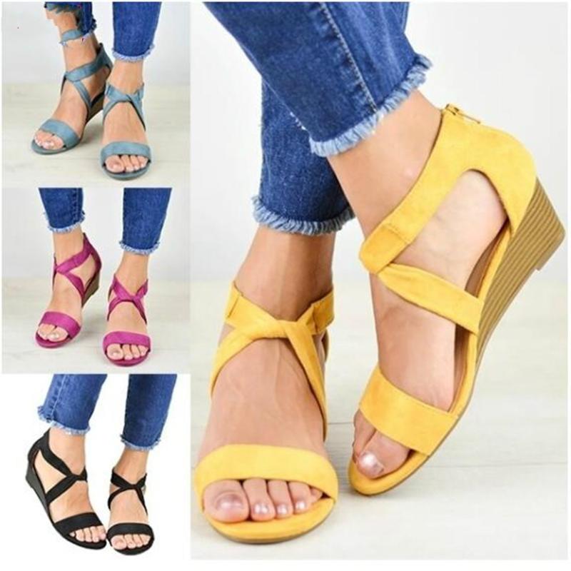

2021 Women Wedge Sandals Mid Heel Summer Slip-on Buckle Ladies Shoes Artificial Open Toe Casual Wedding Pumps Women Sandalias, Yellow