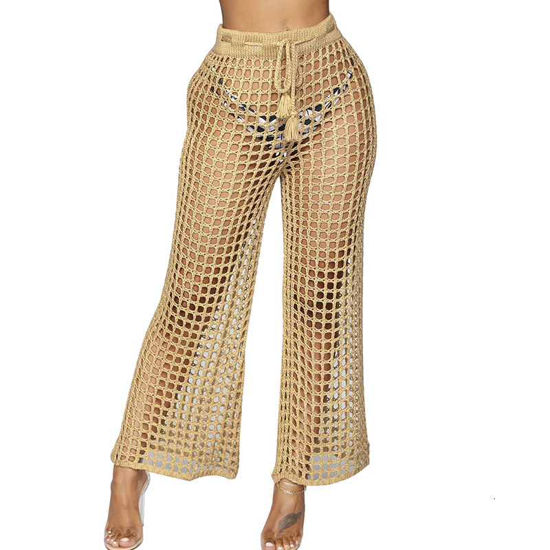 

2021 New Women Mesh Hollow Out Knitted Drawstring Khaki Wide Leg Sexy See-through Loose Holiday Beach Pants Summer Casual Trousers 7kol, Black