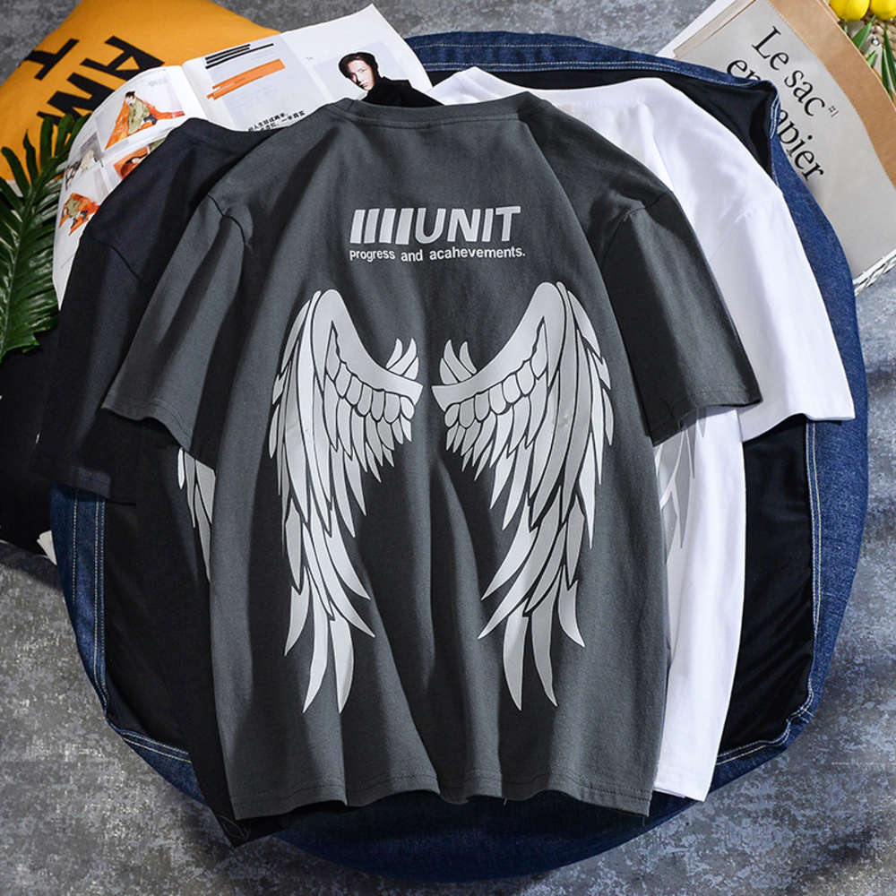 

Wings 3M reflective high street trend round neck short sleeve loose printing cotton top t-shirt men's and women's, White;black