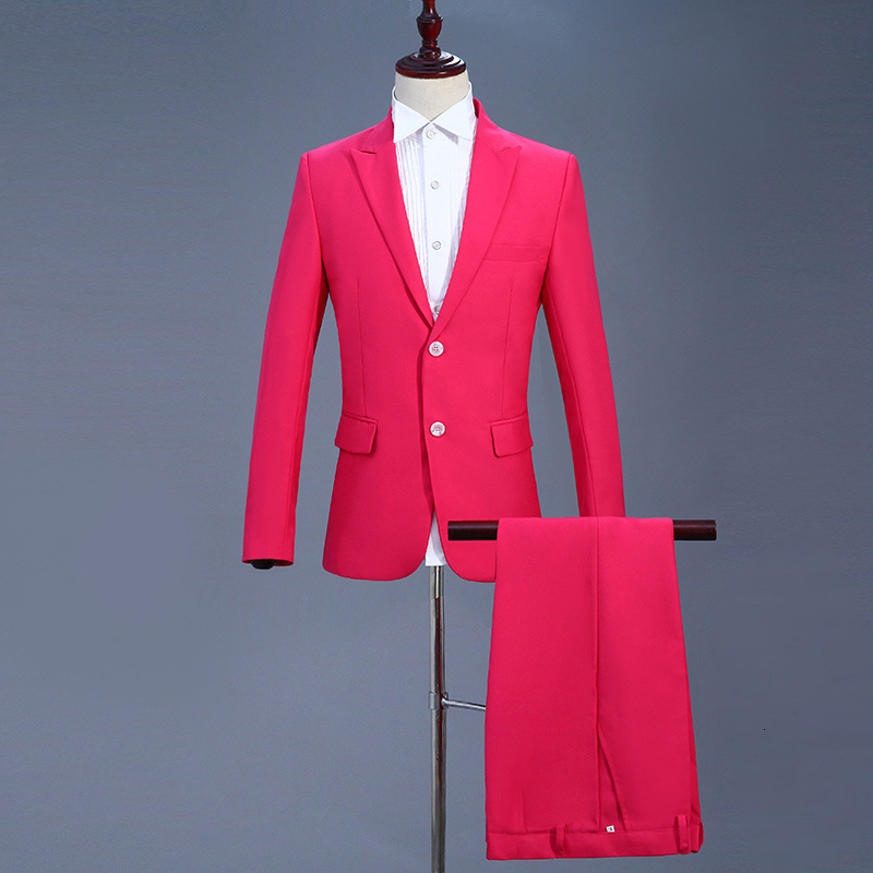 

Mens Formal Business Piece Men Slim Fit Two Buttons Party Tuxedo Bridegroom Wedding Suits Rose Red Stage Costume Lbry
