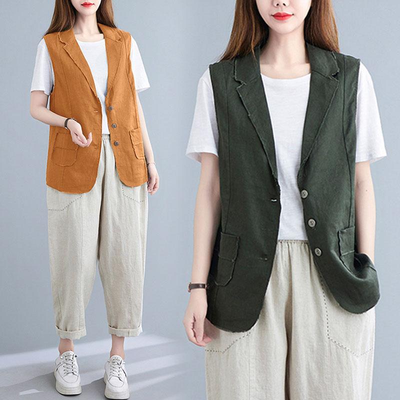 

Women's Vests Cotton Linen Double Pockets Solid Color Waistcoat Jacket Spring Women Sleeveless Suit Collar Three-Button Waistcoat224, Armygreen 224