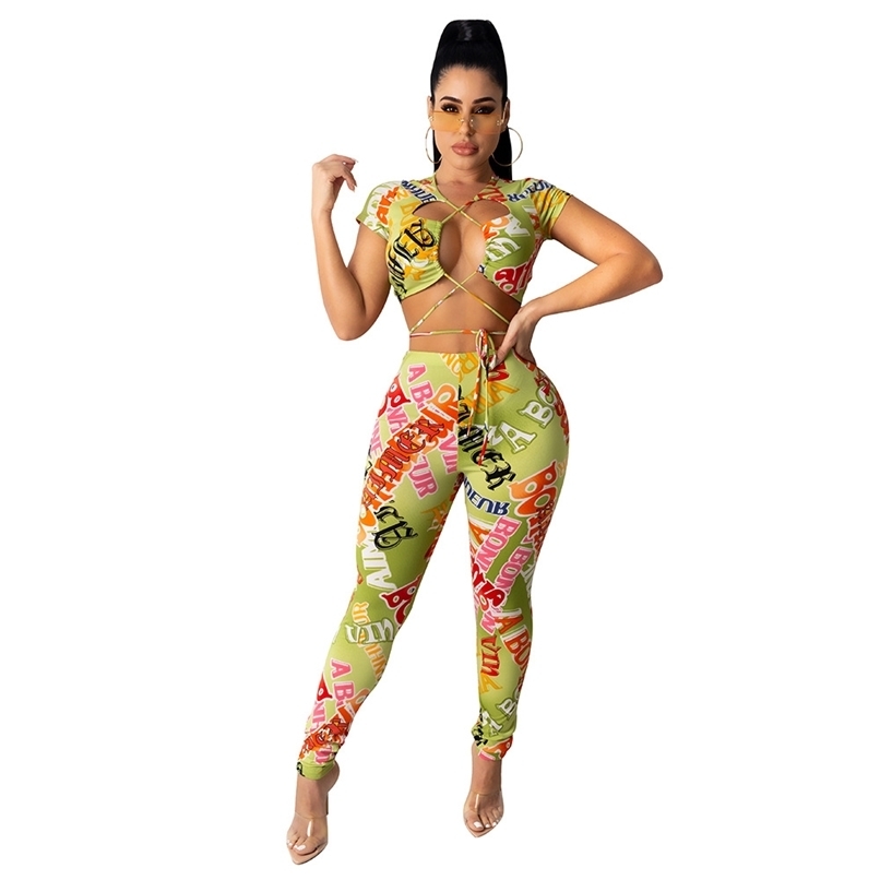 

2 Pc Set For Women Two Piece Sets Arrival Summer Letter Printed Bandage Crop Top Skinny Fashion Pencil Pant Club Wear 210525, Yellow
