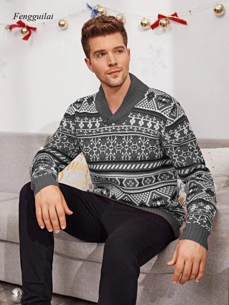 

Men's Sweaters Winter Fashion Christmas Elk Lapel Slim Knitted Sweater, Black