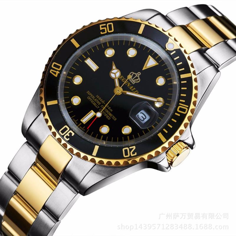 

Wristwatches Luxury Reginald Brand Watch Men Rotatable Bezel GMT Sapphire Date Gold Stainless Steel Sport Blue Dial Quartz Reloj Hombre